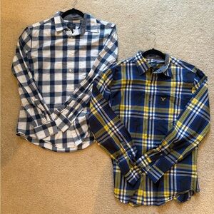 American Eagle Outfitters Blue and Yellow Plaid Casual Shirts